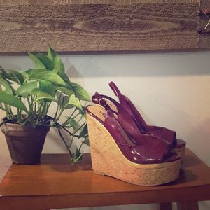 Maroon patent leather platform cork wedges